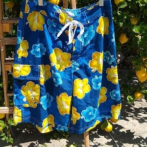 Surf Waves Flat Front Board Shorts/Yellow/Blue -30